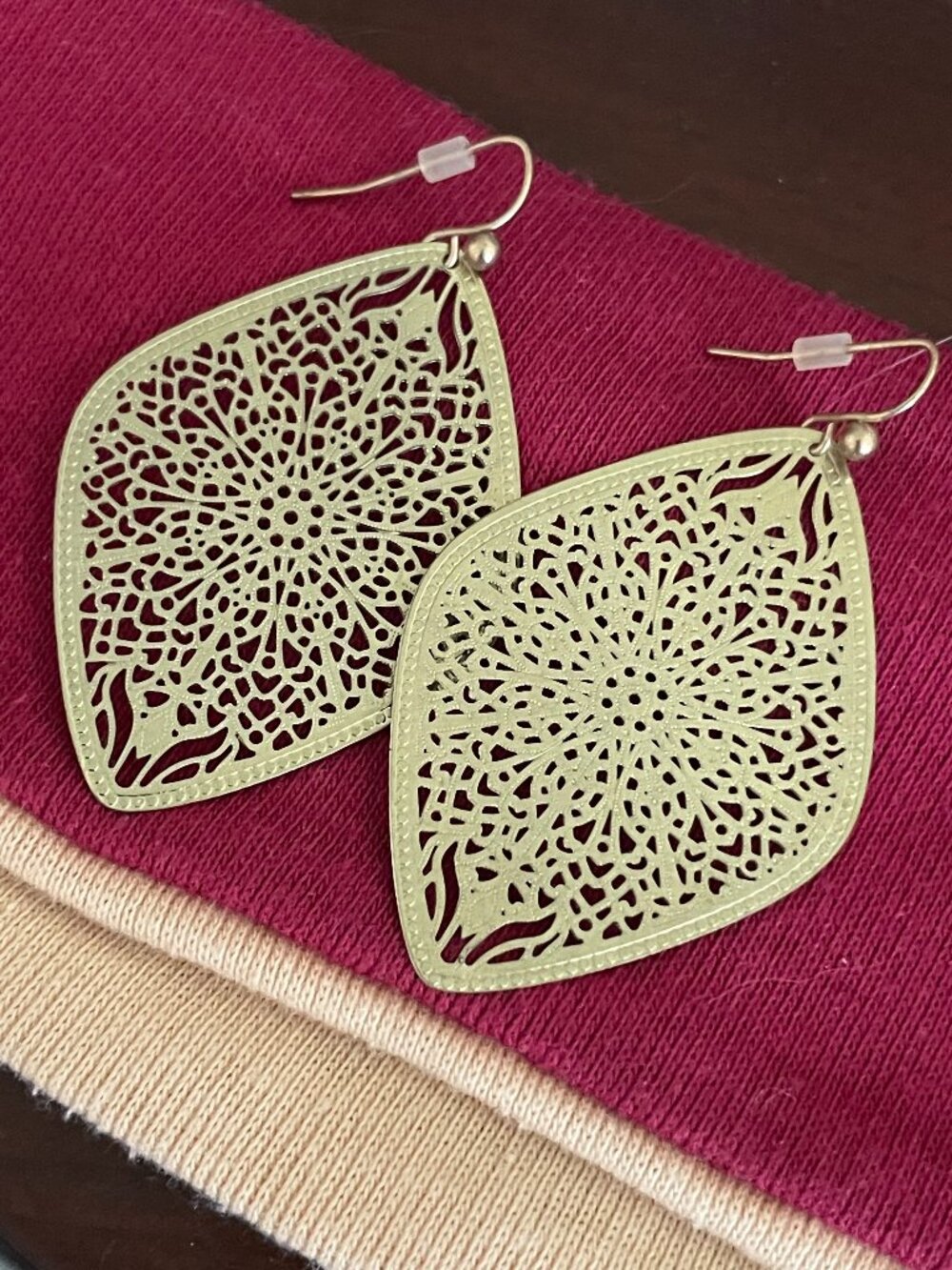 Matte Gold Filigree Marquise Drop Earrings — Lightweight Boho Dangles
